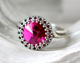 Princess Ring | Fuschia | Swarovski Crystal | Adjustable | Antique Silver | Victorian Crown | Fuschia Ring | Wedding Jewelry | Gift For Her