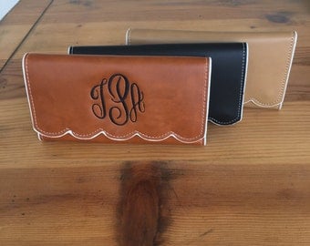 Monogrammed Scallop Trifold Wallet Womens Wallet Personalized Camel Brown