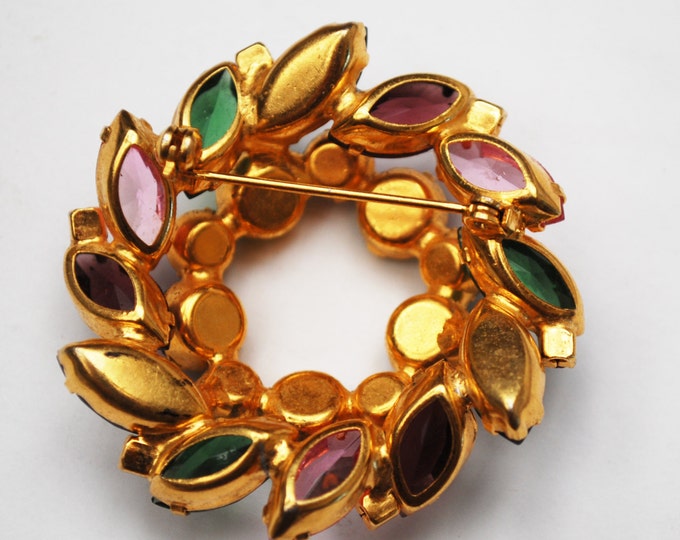 Juliana Brooch - spring Wreath brooch -Book Piece - Colorful rhinestone - Open back gold setting pin - DeLizza & Elster