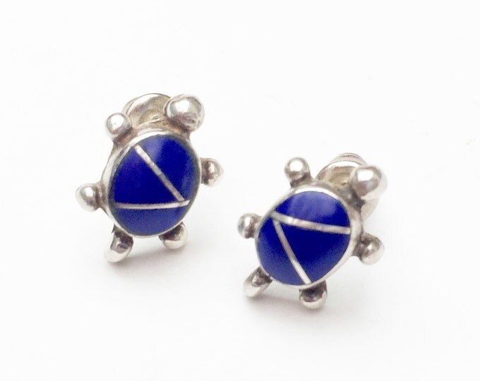 Lapis Inlay Turtle Earrings - Blue gemstone - Signed Sterling Silver - Stud earring