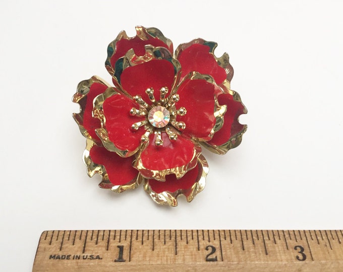 Red Enamel Flower Brooch - Rhinestone - Gold -mid century floral pin