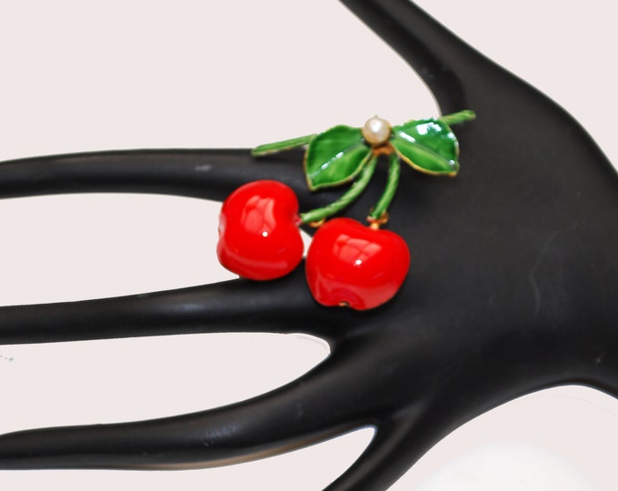 Cherry Brooch - Signed Original by Robert - Red Green Enamel on metal - Fruit figurine pin