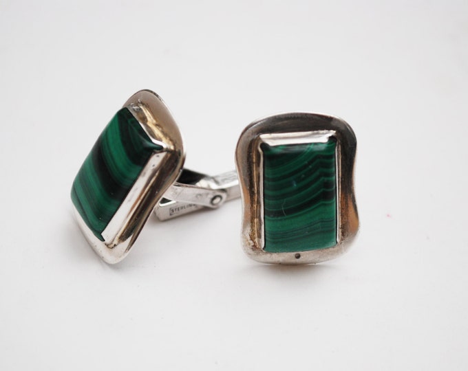 Sterling Malachite Cuff link - Green Gemstone - Retangle cufflink