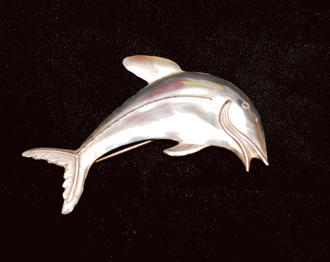 Sterling Dolphin Brooch - Silver Swimming fish - Sea life figurine pin