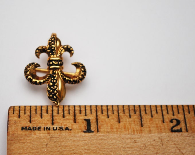 Gold Fleur De Lis pin pendant - Signed 1/20 12 Kt GE - CA Carl Art - black enamel brooch