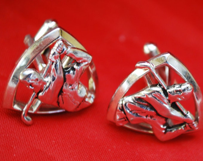 Golfer cuff link - Signed Hickok - silver tone - Mid century - Golf Swinger - Mens cufflinks