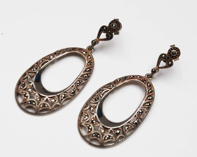 Sterling Marcasite dangle earrings - Silver filigree oval - pierced drop earrings - Victorian revival - gift for her