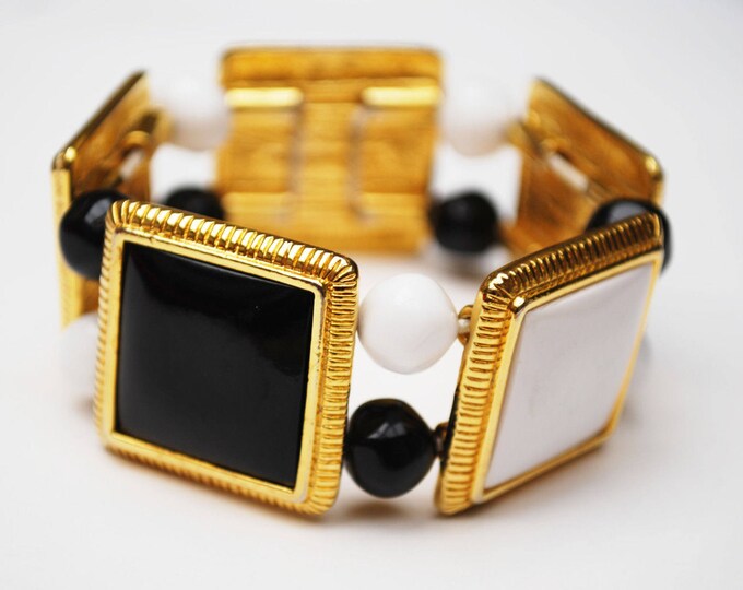 Liz Claiborne Stretch Bracelet - black and white - gold panel and beads - Bangle