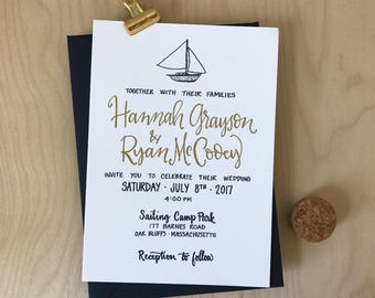 Sailboat Wedding Invitation - Nautical Wedding Invitation Navy & Gold Invitation ~ Yaucht Wedding Invite - Beach Wedding Invitation