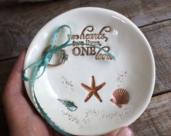 Starfish Ring Dish, Beach Wedding ring bearer bowl, Wedding Ring Bowl, Nautical Ring Dish, romantic Quote "Two hearts, two lives, one love"