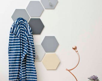 Hexagon wall hooks set with knobs - Wall fixed Coat Hook - Natural Gray Entryway coat hooks - Modern wall hook bathroom - Ready to ship