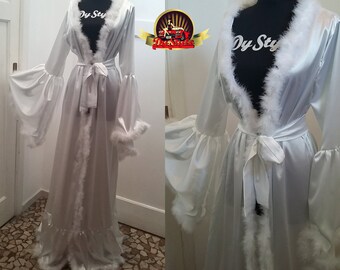 robe gown dressing satin feather marabou lingerie bridal feathers trimmed angel boudoir burlesque robes sleeve sleepwear