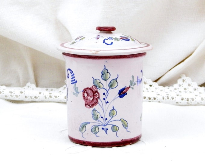 Small Antique French Faience Ceramic China Pale Pink Hand Painted Floral Pattern Pot / Canister / Jar and Lid, Country Farmhouse Pottery