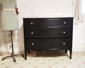 Vintage Shabby Chic Black 3-Drawer Dresser with Crystal Knobs