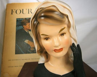 Jackie Kennedy Head Vase, Mourning Head Vase, Inarco E-1852, 1964, 6 Inch Lady Head Vase, Vintage Head Vase, Jacqueline Kennedy Vase