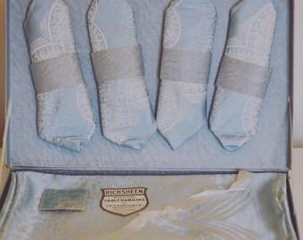 Vintage 50s rayon damask table cloth and matching napkins serviettes ice blue made in Ireland