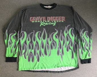 GRAVE DIGGER Shirt 90s Vintage Monster Truck Racing/ Original Green Flames Long Sleeve Jersey Tshirt/ UsA Made XL