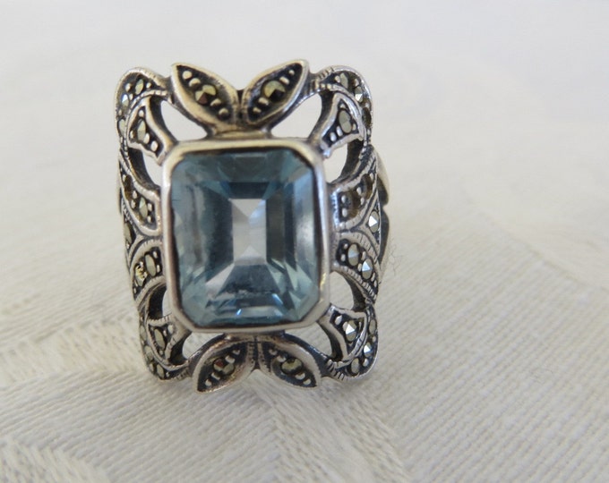 Sterling Aquamarine Ring with Marcasites, Emerald Cut Aquamarine Stone Size 6.5