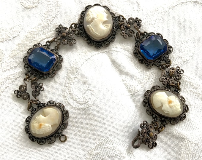 Antique Cameo Bracelet, Filigree Wire Work, Cobalt Glass Stones, Antique Cameo Jewelry