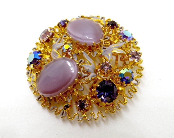 Vintage Givre Glass Rhinestone Brooch, Filigree Rhinestone Pin, Made In Austria Lavender Givre Glass, Enamel Leaves