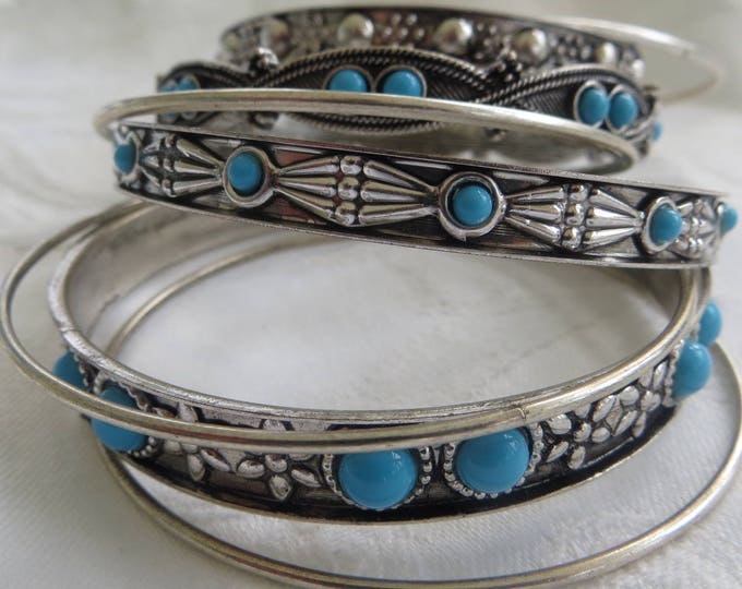 Vintage Bangle Bracelet Lot of 9, Silver Turquoise Stacking Bracelets, Boho Bangles, Festival Bracelets