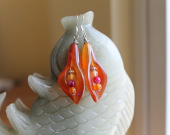 Beautiful Red Agate Flower Earrings, sterling silver hook