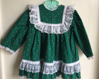 VTG Collections For Children Baby Girl Dress Sz 24M Green Red Flowers Lace