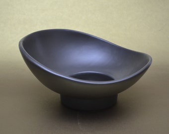 Vintage McCoy Floraline Dark Matte Gray Planter, Sculptural Pedestal, Undulating Sides, Kohl Pewter Ceramic Planter 434 + Glass Flower Frog