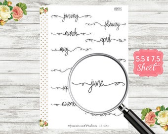 Month Planner Stickers - BUJO Stickers - ECLP - Day Designer Stickers - Bullet Journal Sticker - Black & White Script - Travelers Notebook