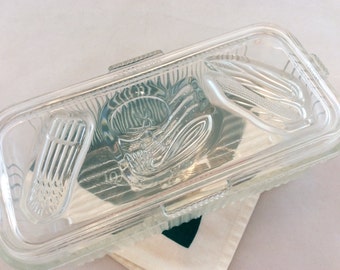Vintage Glass Embossed Refrigerator Dish/Clear Glass Refrigerator Dish