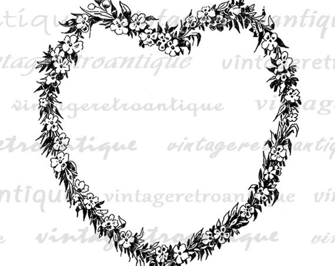 Digital Heart Shaped Flower Wreath Printable Image Love Romance Flower Garland Graphic Download Artwork Vintage Clip Art HQ 300dpi No.3704