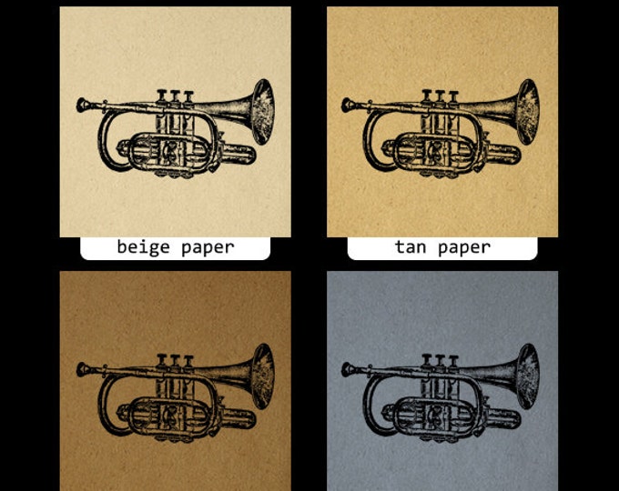 Printable Digital Cornet Trumpet Graphic Music Instrument Download Band Image Vintage Clip Art Jpg Png Eps HQ 300dpi No.1115