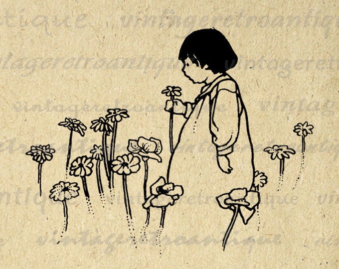 Girl with Flowers Graphic Image Digital Download Illustration Printable Vintage Clip Art Jpg Png Eps HQ 300dpi No.3624