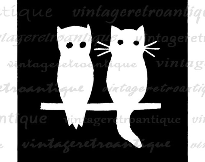 Printable Graphic Owl and Cat Silhouette Digital Cut Out Square Download Image Vintage Clip Art Jpg Png Eps HQ 300dpi No.3289