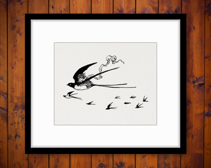 Girl Riding Swallow Bird Graphic Printable Download Cute Digital Image Vintage Clip Art Jpg Png Eps HQ 300dpi No.3821