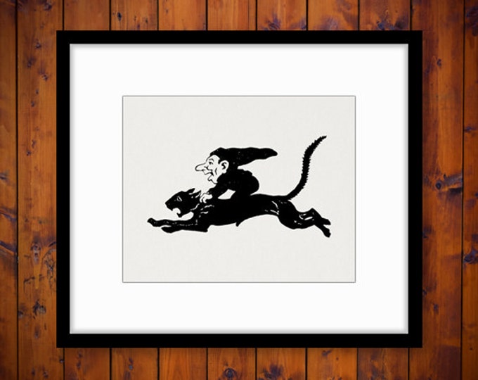 Digital Image Elf Riding Black Cat Printable Graphic Illustrated Download Antique Clip Art Jpg Png Eps HQ 300dpi No.3642