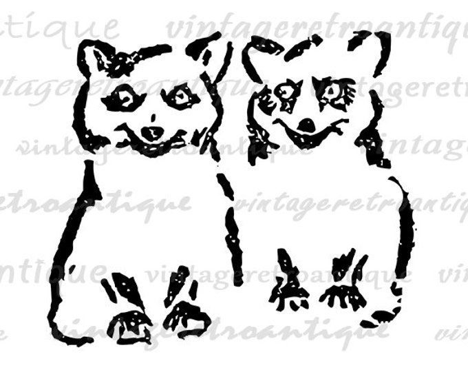 Printable Raccoons Digital Download Two Raccoons Graphic Racoon Image Vintage Clip Art for Transfers Printing etc HQ 300dpi No.4635