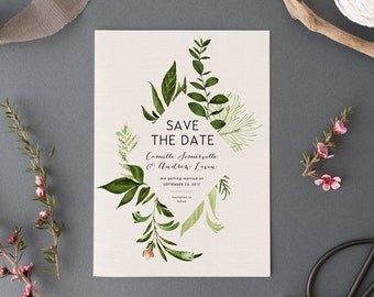 Printable Woodland Save the Date Card, Botanical Forest Wedding Save the Date, Nature Green Leaves, Outdoor Natural Invite, Garden Fern