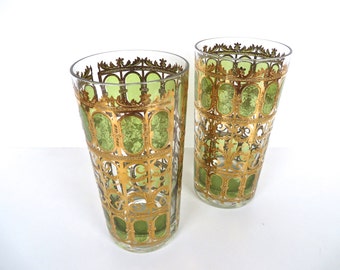 Vintage Culver Green Scroll Highballs, Culver 22kt Gold And Green Barware Glasses, Set Of 2 Hollywood Regency Tumblers