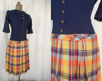 Vintage 1960s Dress / 60s Blue Neon Plaid Mod Dress / Twiggy Mod Mini Dress / Small Drop Waist Shift Dress