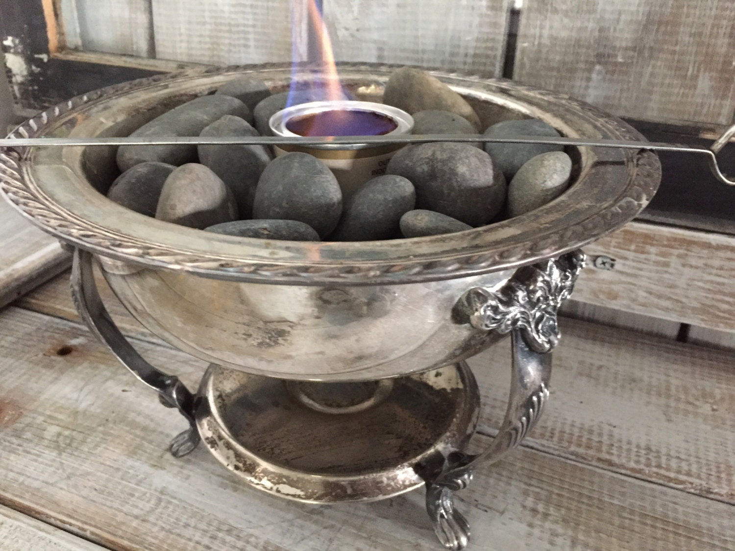 Table Top Fireplace // Silverplate Decor // Chafing Dish