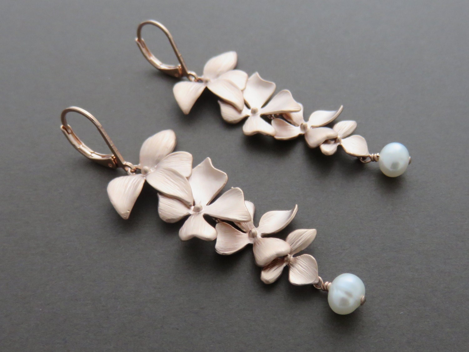 Rose Gold Orchid Earrings 4 cascading orchids by MarciaHDesigns