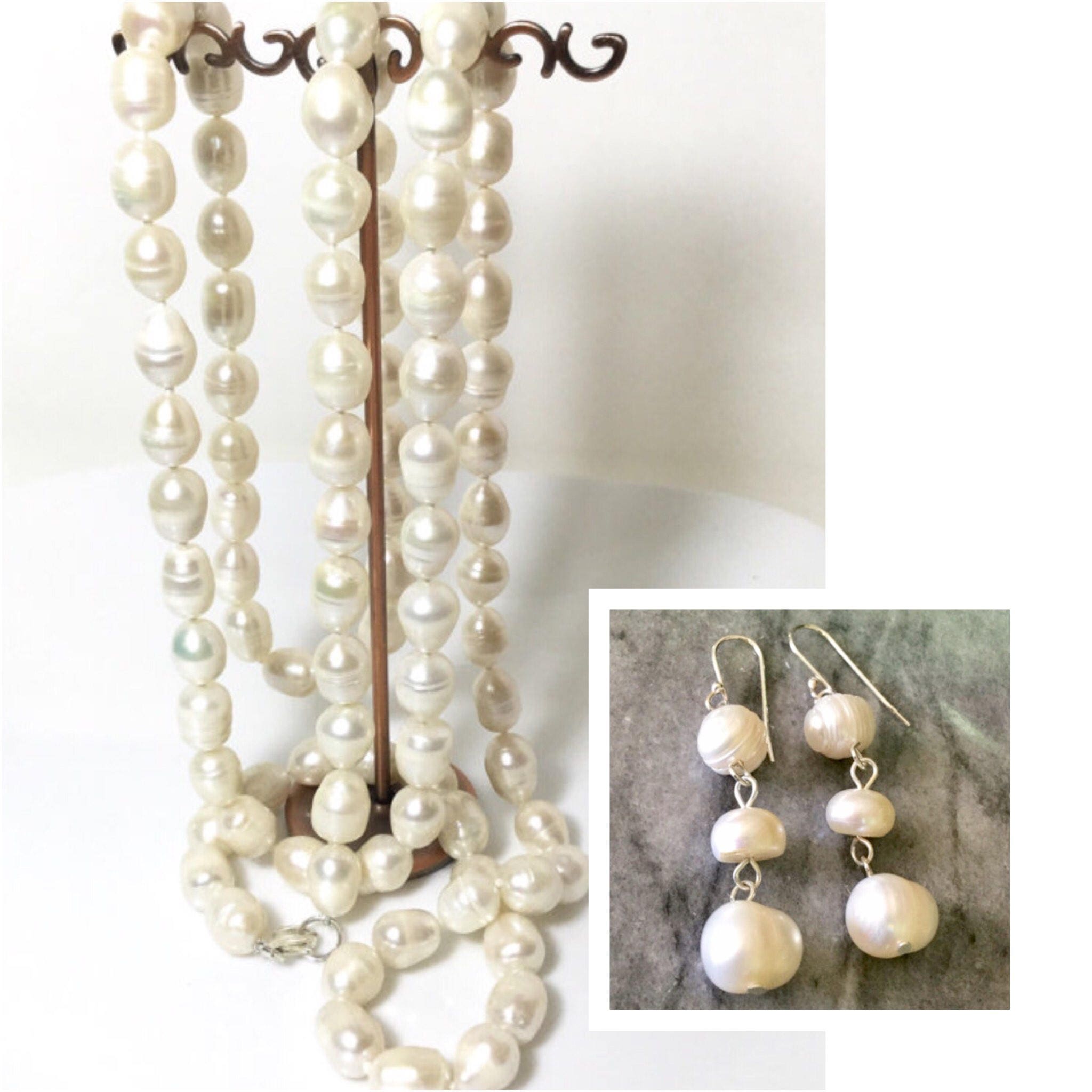 Long Pearl Necklace Sterling Silver Pearl Beads Natural