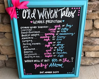 Pregnancy chalkboard old wives tale for gender reveal party or baby shower chalkboard you circle the answers or me