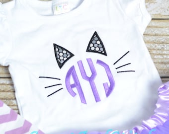 Girls Halloween Shirt or Tee personalized, girl monogrammed cat shirt, girls Halloween shirt - girls kitty cat outfit for halloween or fall