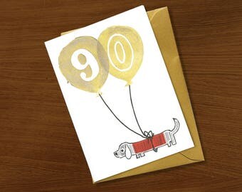 90th birthday card, birthday card 90 years, special celebration, gold ink, ninety years old, milestone birthday, dog cat animal lover