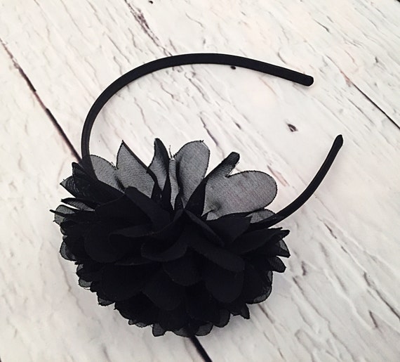 Items similar to Large Black Flower Headband, Scalloped Lace Chiffon ...