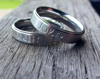 Customizable Hand Stamped Solid Stainless Steel 6mm Ring set Joker Harley Couples set Suicide Squad Inspired Beveled Edge