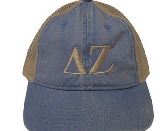 Delta Zeta (S) Comfort Colors Denim Trucker Baseball Hat Letters Ivory Thread
