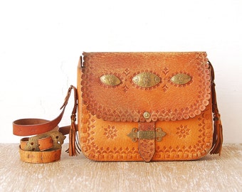 Vintage Tooled Leather Handbag, 80s Leather Tooled Purse, Leather Brass Plate Crossbody Bag